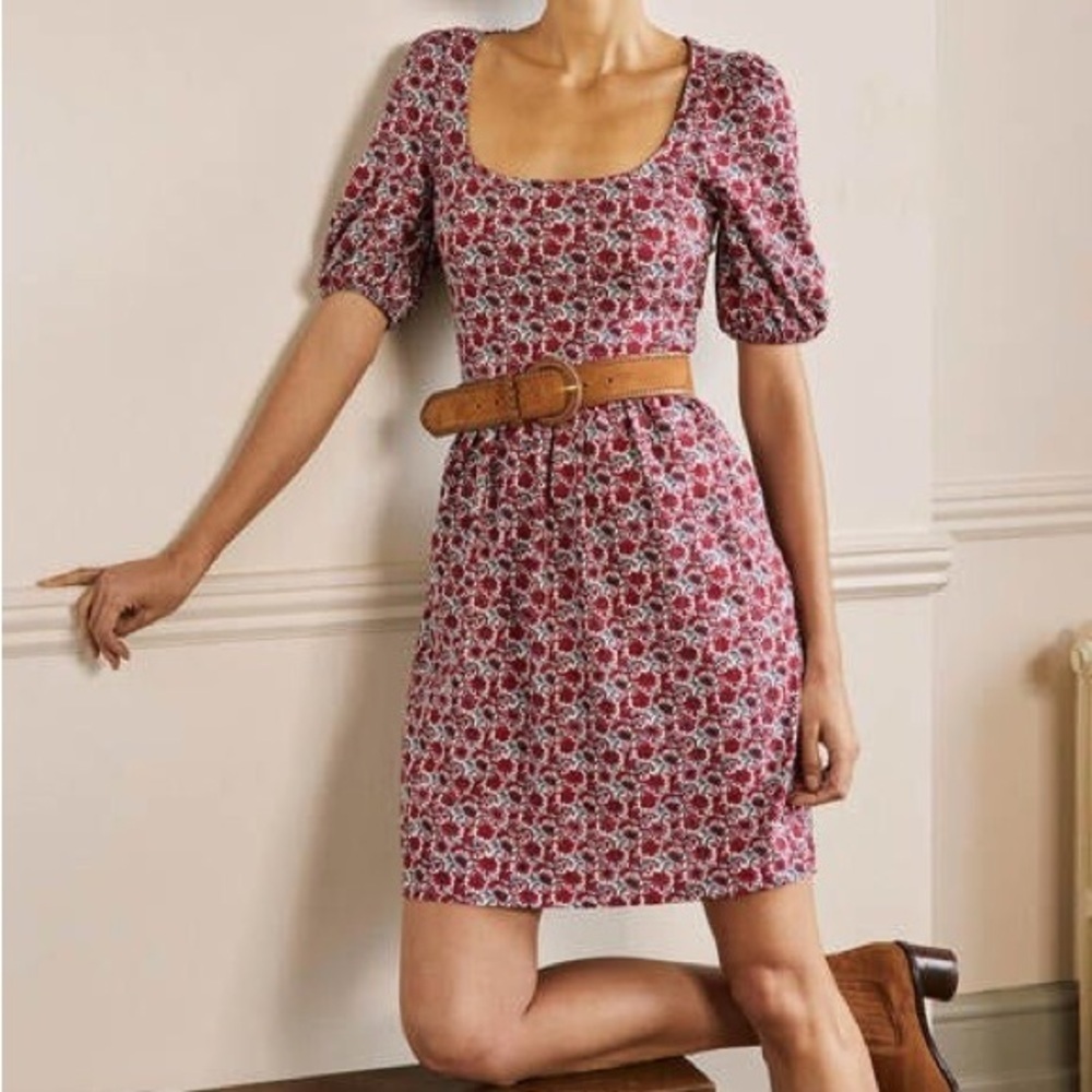 Boden Square Neck Jersey Cotton Floral Milkmaid Dress Puff Sleeves Size 4